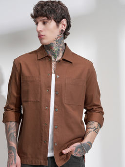 HIGHLANDER - Men Brown Relaxed Fit Solid Spread Collar Cotton Casual Shirt