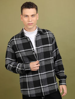 HIGHLANDER - Men Black Checked Open Front Bomber Regular Fit Flannel Shirt