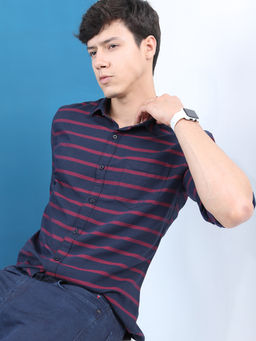 HIGHLANDER - Men Navy Blue Slim Fit Horizontal Stripes Cotton Casual Shirt