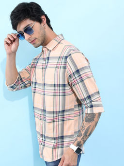 HIGHLANDER - Men Peach Slim Fit Tartan Checks Checked Casual Shirt