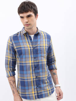 HIGHLANDER - Men Blue Checked Slim Fit Shirt
