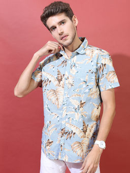 HIGHLANDER - Men Dusty Mint Blue Slim Fit Printed Shirt