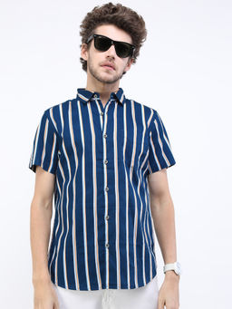 HIGHLANDER - Men Teal Slim Fit Striped Shirt