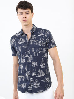 HIGHLANDER - Men Navy Blue Printed Slim Fit Shirt