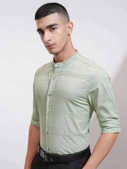 HIGHLANDER - Men Mint Green Dobby Striped Mandarin Regular Fit Shirt