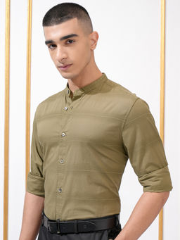 HIGHLANDER - Men Khaki Dobby Striped Mandarin Regular Fit Shirt