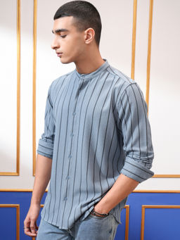 HIGHLANDER - Men Blue Popcorn Striped Mandarin Collar Slim Fit Casual Shirt