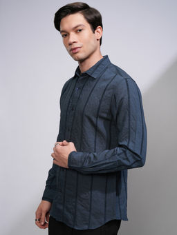 HIGHLANDER - Men Navy Blue Chenille Yarn Striped Shirt