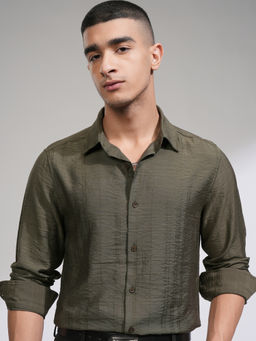 HIGHLANDER - Men Olive Jacquard Textured Shirt