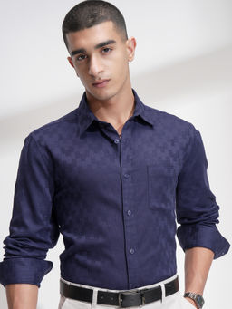 HIGHLANDER - Men Blue Regular Fit Textured Spread Collar Cotton Casual Shirt
