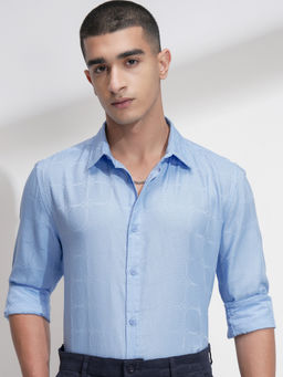 HIGHLANDER - Men Blue Slim Fit Textured Spread Collar Cotton Casual Shirt