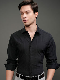 HIGHLANDER - Men Black 3D Dobby Textured Striped Eveningwear Slim Fit Shirt