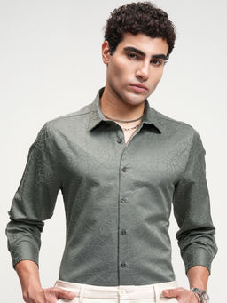 HIGHLANDER - Men Olive Self Design Slim Fit Casual Shirt