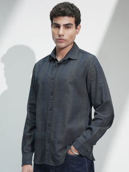 HIGHLANDER - Men Blue Regular Fit Textured Spread Collar Cotton Casual Shirt