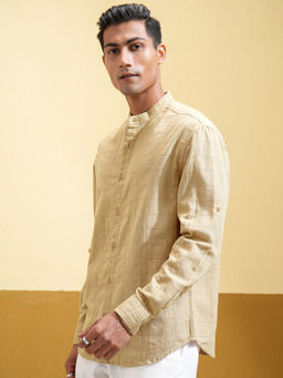 HIGHLANDER - Men Khaki Fancy Yarn Textured Mandarin Collar Relaxed Shirt