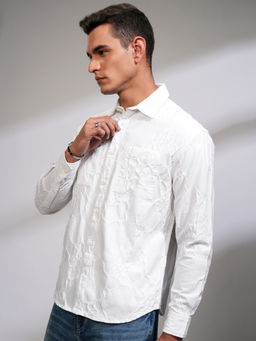 HIGHLANDER - Men White Terry Effect Jacquard Relaxed Fit Casual Shirt