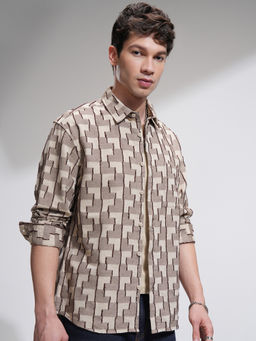 HIGHLANDER - Men Beige Red Dobby Structured Cut Jacquard Relaxed Shirt