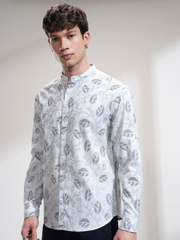 HIGHLANDER - Men Blue Jacquard Textured Mandarin Collar Casual Relaxed Shirt