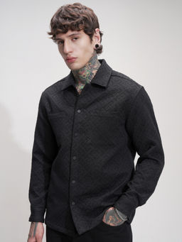 HIGHLANDER - Men Black Solid Quilted Jacquard Textured Relaxed Shirt