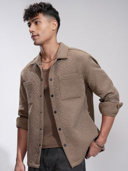 HIGHLANDER - Men Brown Solid Quilted Jacquard Textured Relaxed Shirt