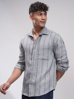 HIGHLANDER - Men Grey Dobby Striped Relaxed Shirt