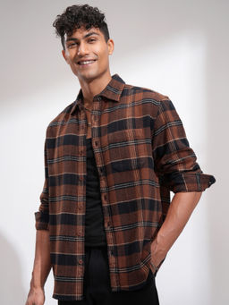 HIGHLANDER - Men Brown Relaxed Fit Spread Collar Tartan Checked Casual Shirt