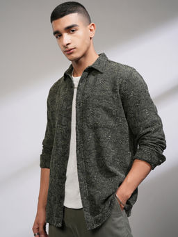 HIGHLANDER - Men Olive Black Textured Jacquard Casual Shirt