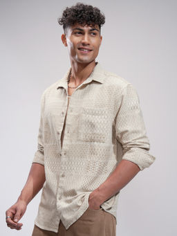 HIGHLANDER - Men Beige Jacquard Textured Relaxed Shirt