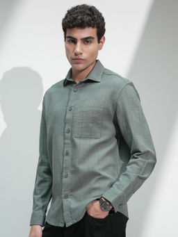HIGHLANDER - Men Grey Relaxed Fit Textured Spread Collar Cotton Casual Shirt