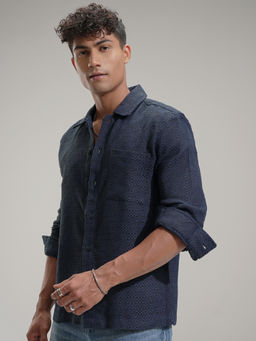 HIGHLANDER - Men Navy Blue Relaxed Fit Textured Spread Collar Casual Shirt