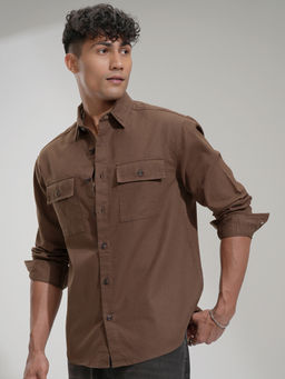 HIGHLANDER - Men Brown Dobby Solid Relaxed Shirt
