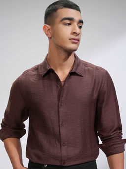 HIGHLANDER - Men Brown Jacquard Textured Evening Party Shirt