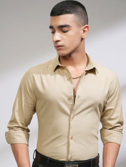 HIGHLANDER - Men Beige Jacquard Textured Evening Party Shirt