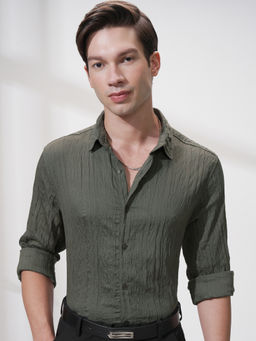 HIGHLANDER - Men Olive Slim Fit Textured Party Shirt