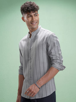 HIGHLANDER - Men Blue Dobby Striped Mandarin Collar Relaxed Shirt