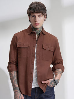 HIGHLANDER - Men Brown Relaxed Fit Textured Spread Collar Cotton Casual Shirt