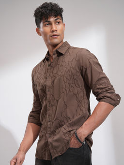 HIGHLANDER - Men Brown Slim Fit Spread Collar Textured Cotton Casual Shirt