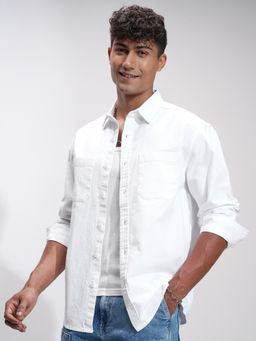 HIGHLANDER - Men White Relaxed Fit Solid Spread Collar Cotton Casual Shirt