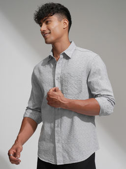 HIGHLANDER - Men Grey Cutaway Collar Relaxed Fit Pure Cotton Shirt