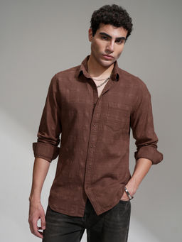 HIGHLANDER - Men Brown Slim Fit Textured Cotton Shirt