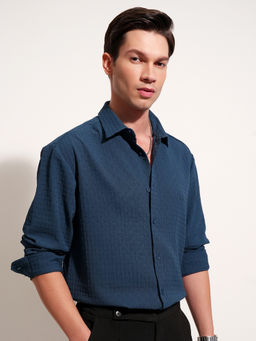 HIGHLANDER - Men Navy Blue Popcorn Textured Relaxed Shirt