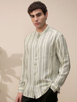 HIGHLANDER - Men Beige Striped Mandarin Collar Relaxed Fit Casual Shirt