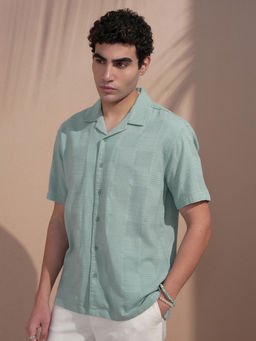 HIGHLANDER - Men Blue Relaxed Fit Textured Cuban Collar Cotton Casual Shirt