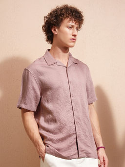 HIGHLANDER - Men Mauve Jacquard Textured Relaxed Fit Party Shirt