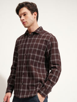 HIGHLANDER - Men Coffee Brown Dobby Checks Relaxed Shirt