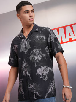 HIGHLANDER - Men Black Printed Cuban Collar Viscose Relaxed Shirt