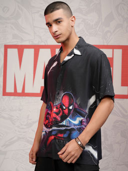 HIGHLANDER - Men Black Spider-Man Printed Cuban Collar Viscose Relaxed Shirt
