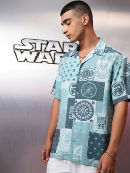 HIGHLANDER - Men Star Wars Aqua Blue Printed Viscose Relaxed Shirt
