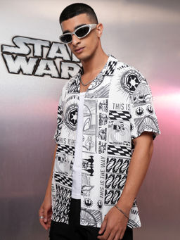 HIGHLANDER - Men White Printed Star Wars Cuban Collar Viscose Relaxed Shirt