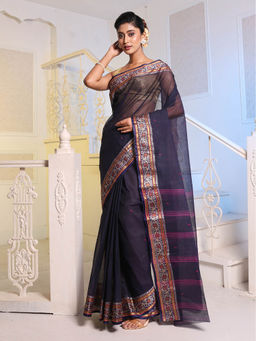 CHARUKRITI - Navy Blue Handwoven Cotton Tant Saree